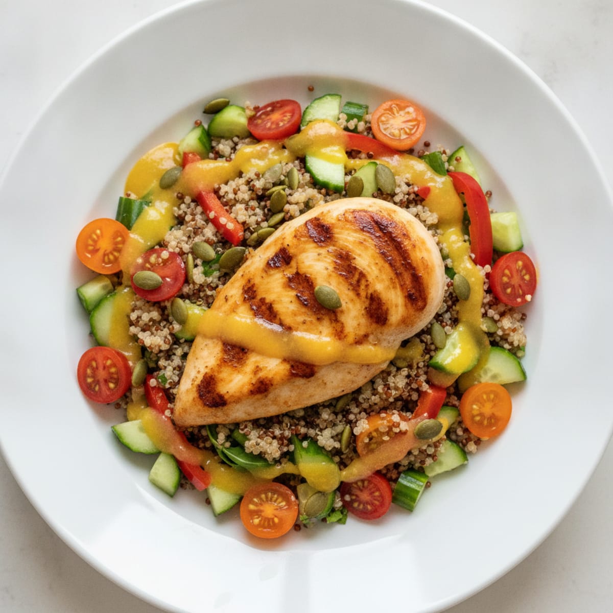 Grilled Chicken Breast with Crunchy Quinoa and Fresh Vegetable Salad