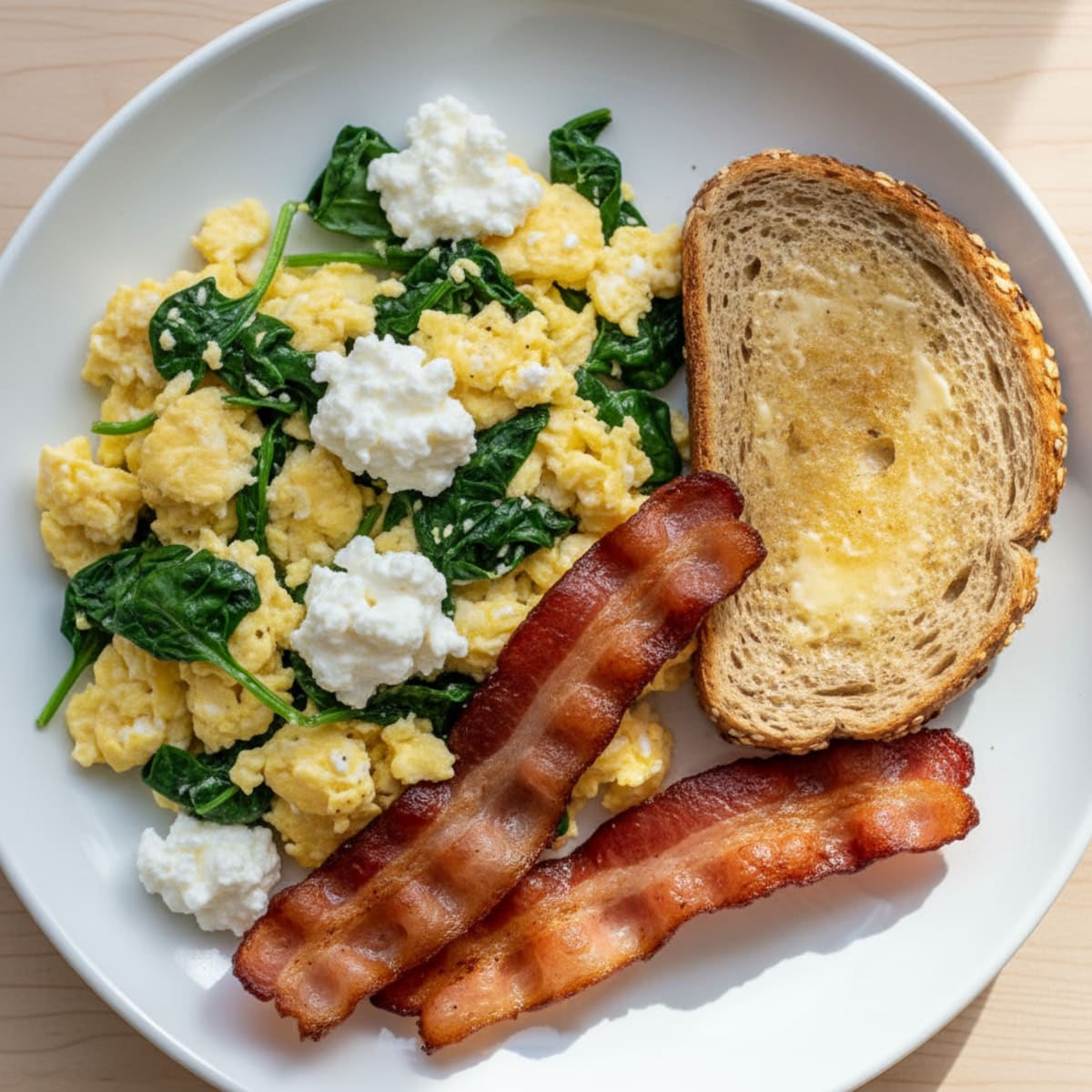 Cottage Cheese Scramble with Spinach and Turkey Bacon