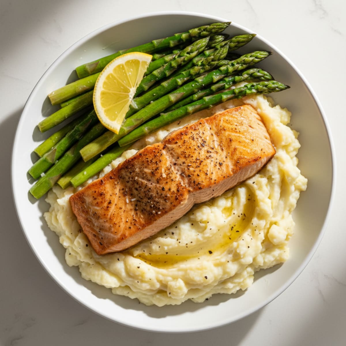 Seared Salmon with Steamed Asparagus and Garlic Mashed Potatoes