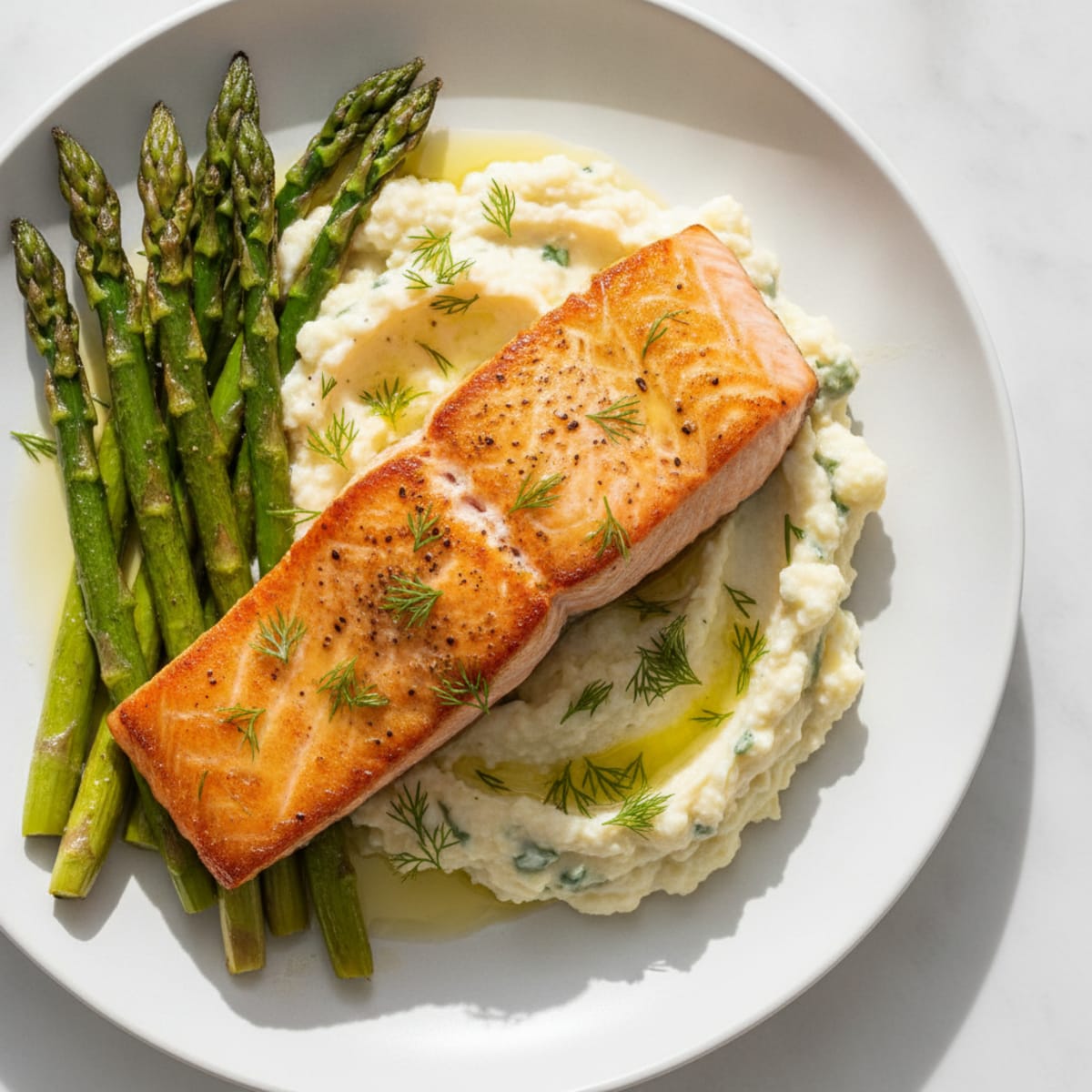 Seared Salmon with Roasted Asparagus and Cauliflower Mash