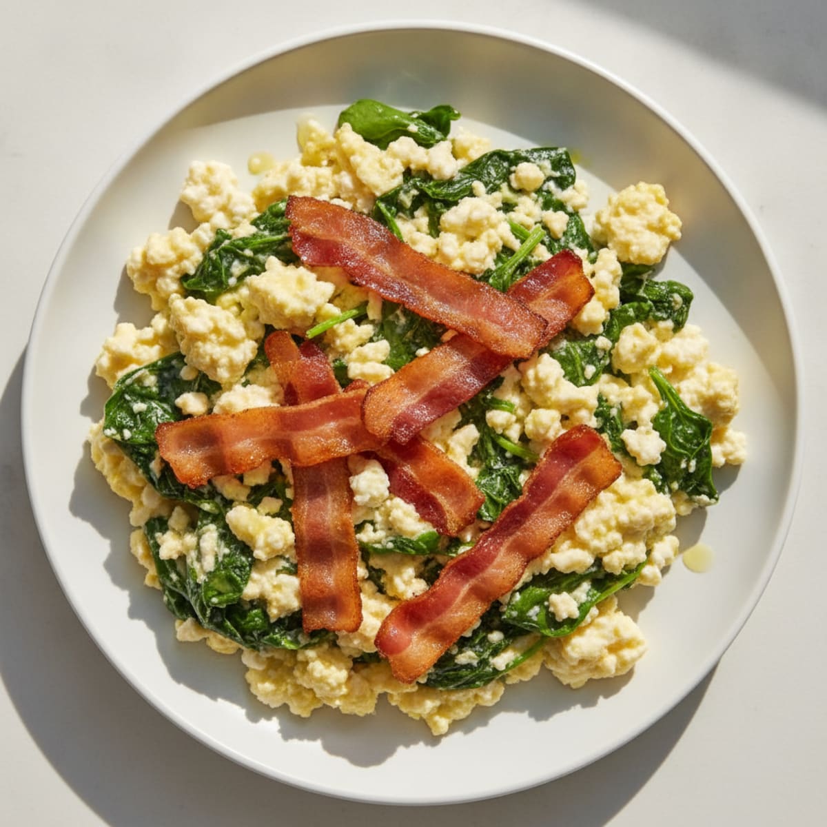 Cottage Cheese Egg Scramble with Spinach and Turkey Bacon