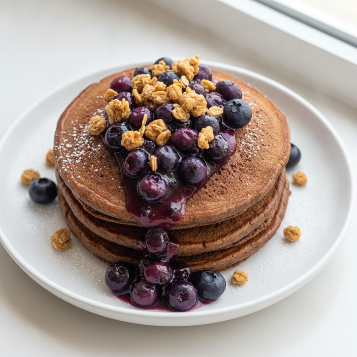 Chocolate Protein Pancakes with Blueberries