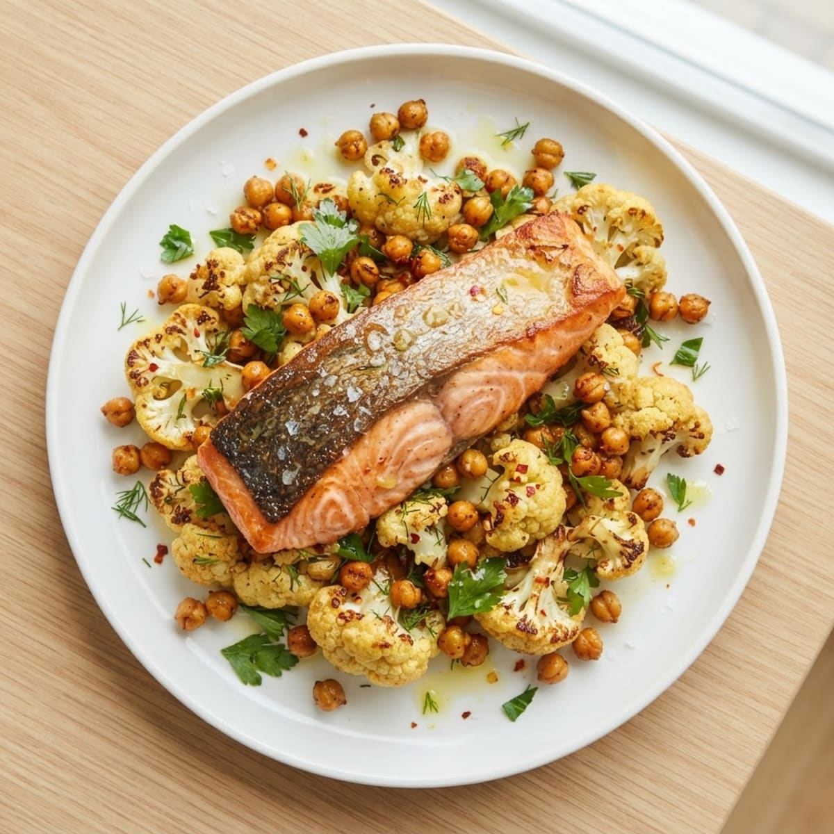Seared Salmon with Roasted Cauliflower and Chickpeas