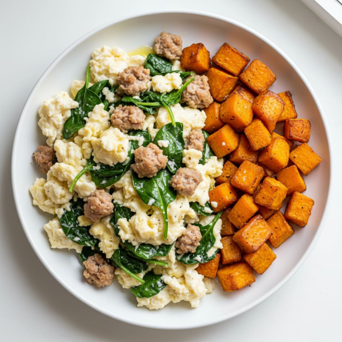 Egg White and Turkey Sausage Scramble with Spinach and Roasted Sweet Potato