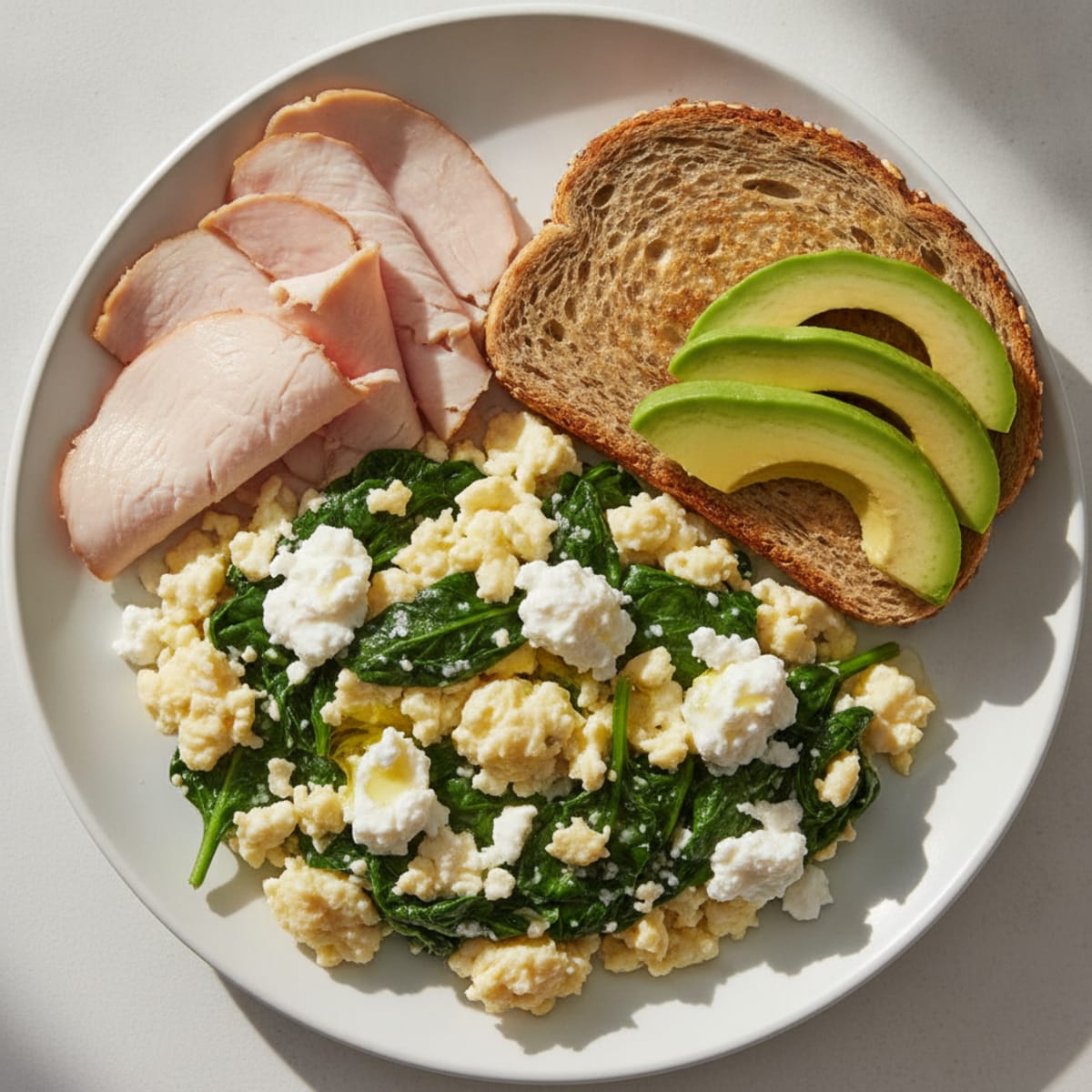 Egg White Spinach Scramble with Cottage Cheese and Sliced Turkey