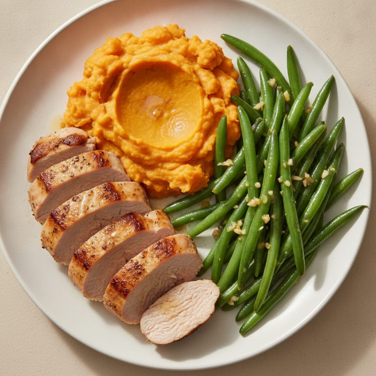 Seared Turkey Tenderloin with Steamed Green Beans and Sweet Potato Mash