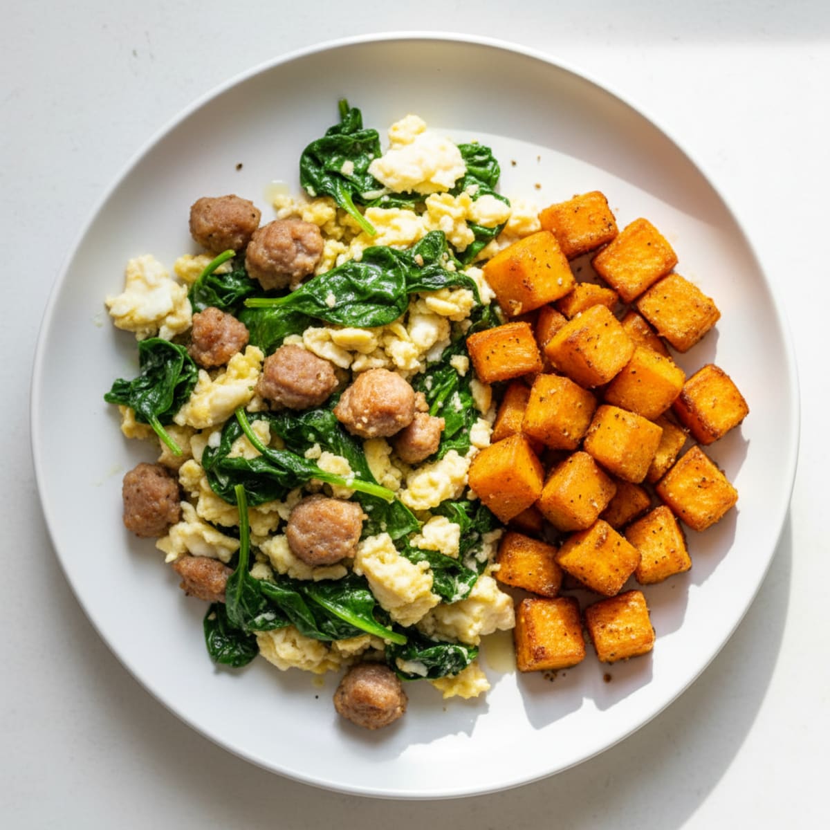 Egg White and Turkey Sausage Scramble with Spinach and Roasted Sweet Potatoes