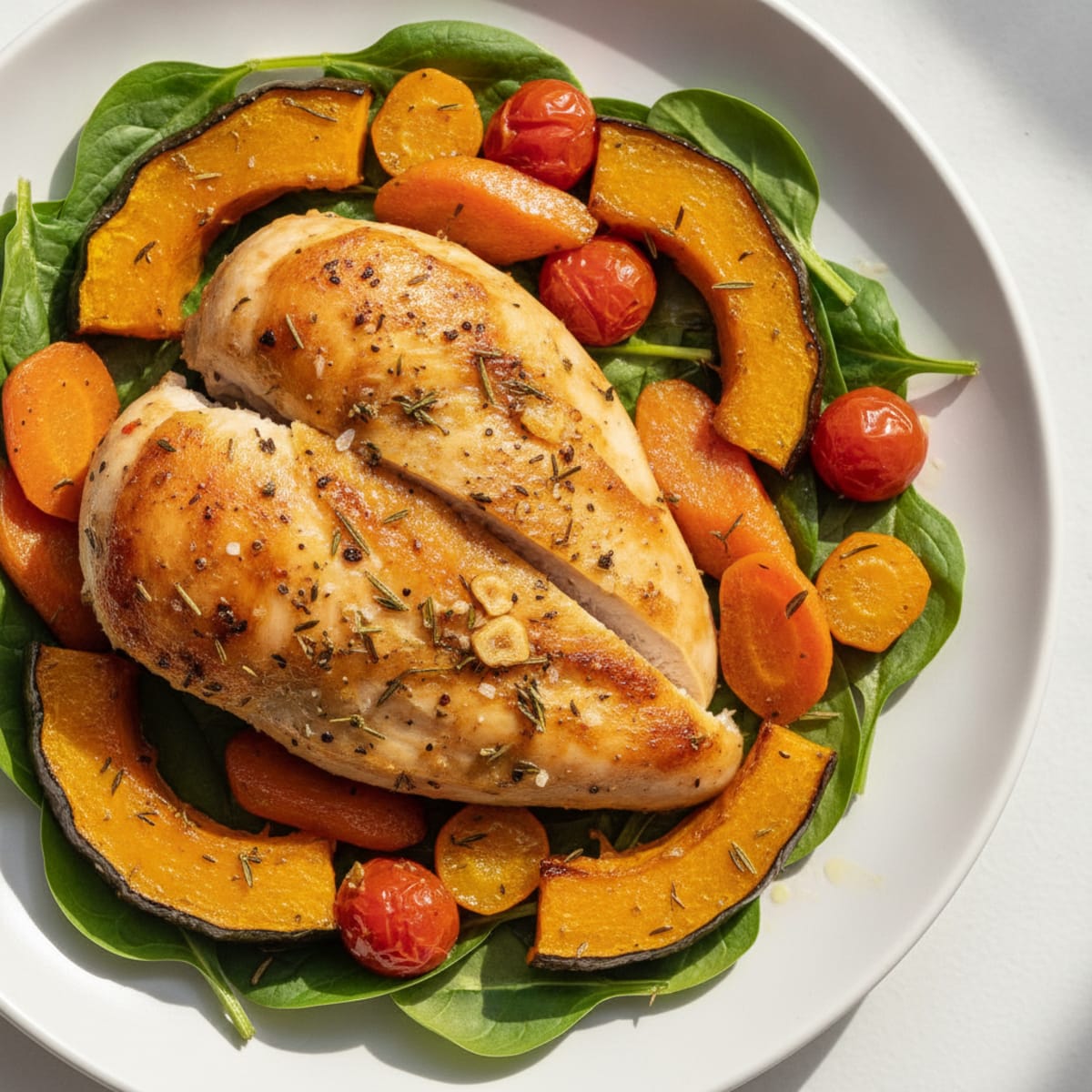 Herb-Roasted Chicken with Roasted Root Vegetables and Spinach