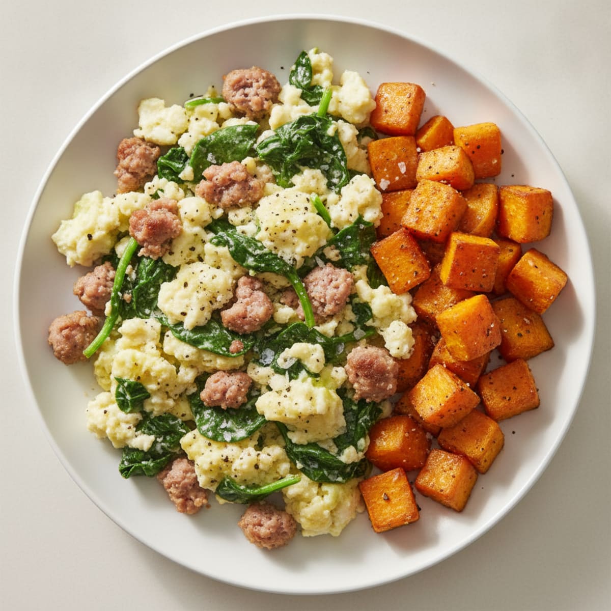 Egg White and Turkey Sausage Scramble with Spinach and Roasted Sweet Potato