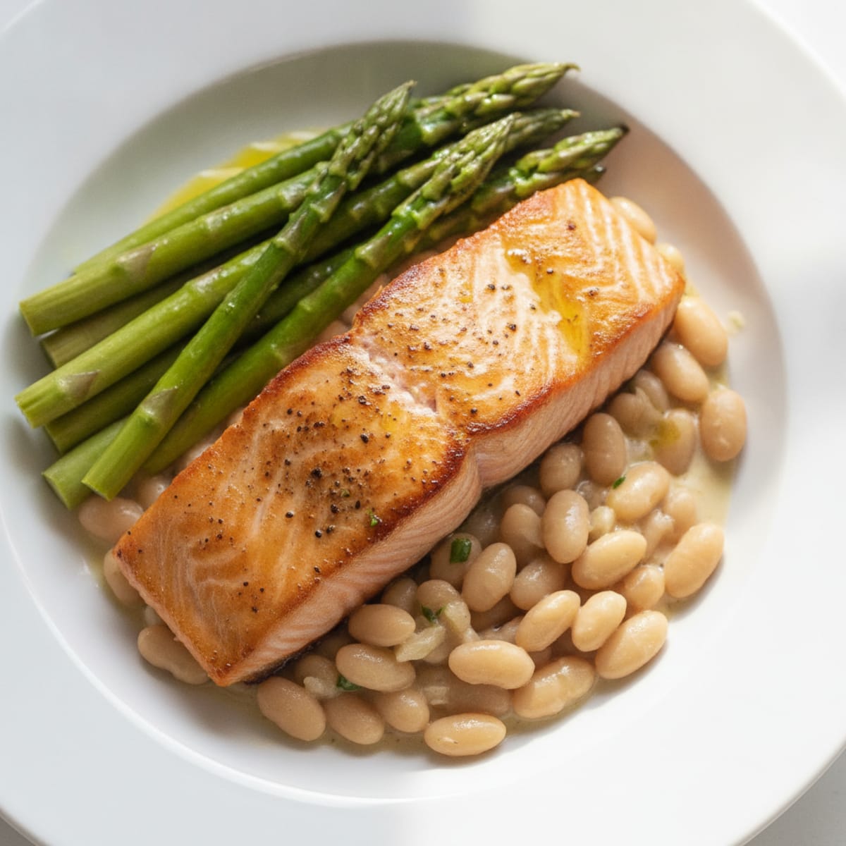 Seared Salmon with Creamy White Beans and Steamed Asparagus