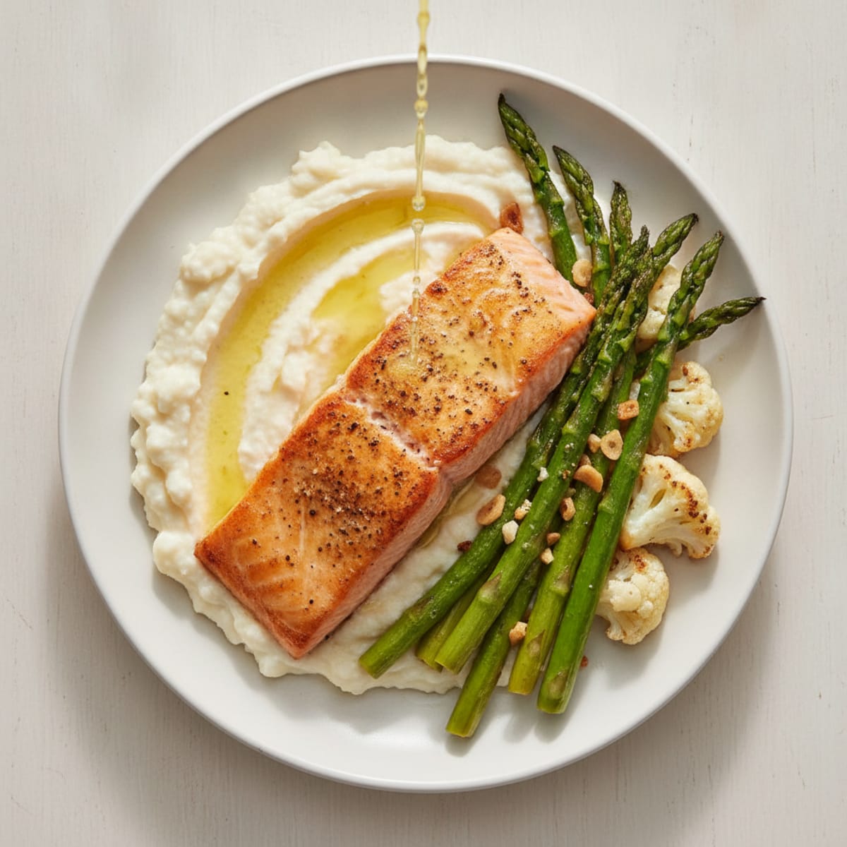 Seared Salmon Fillet with Roasted Asparagus and Cauliflower Mash