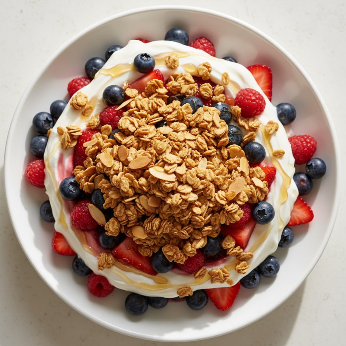 Greek Yogurt Parfait with Crunchy Almond Granola and Mixed Berries