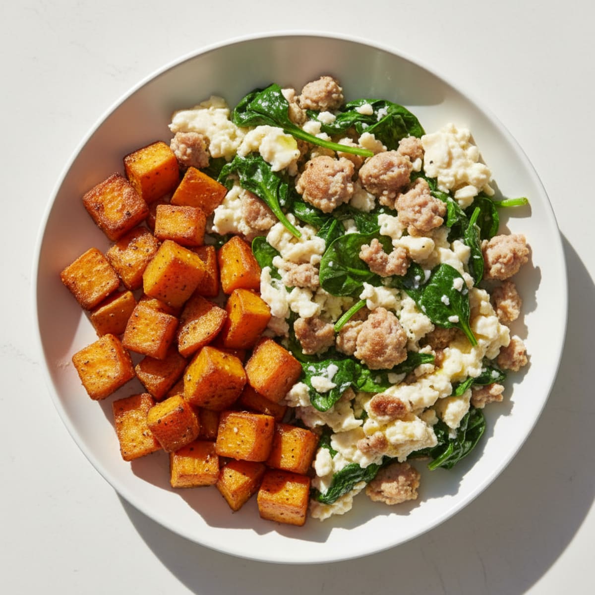 Egg White and Turkey Sausage Scramble with Spinach and Roasted Sweet Potato