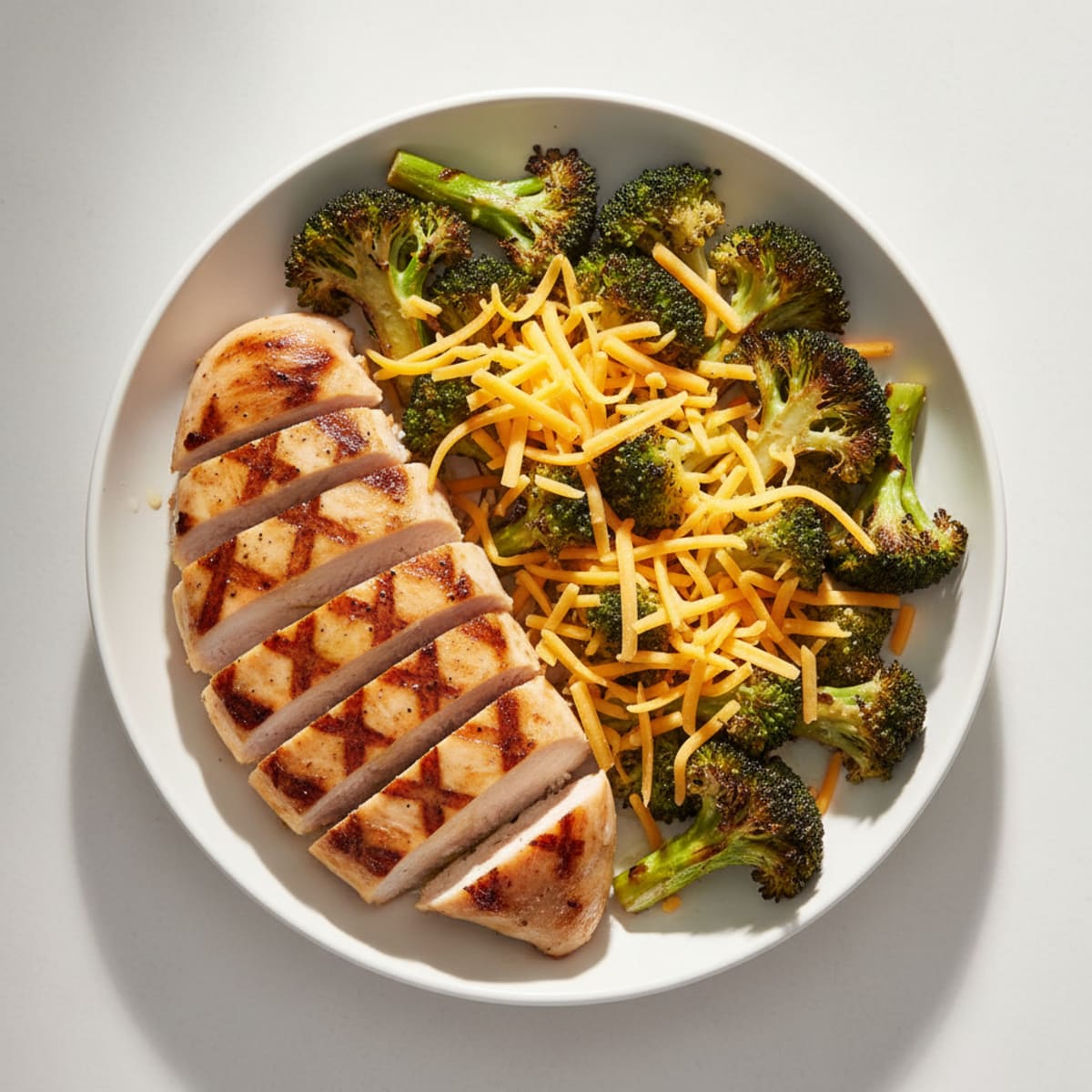Grilled Chicken Breast with Roasted Broccoli and Shredded Cheddar