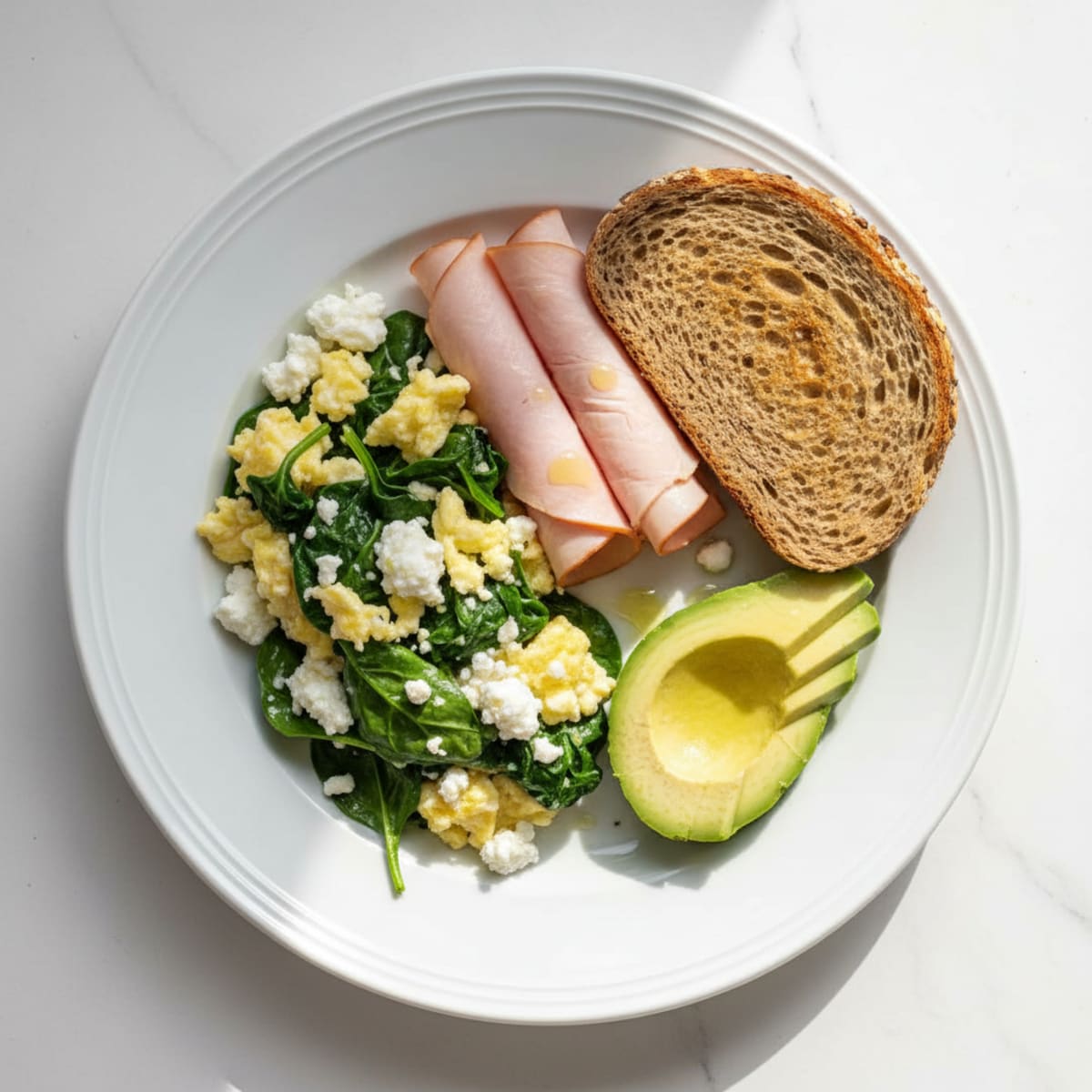 Egg White and Spinach Scramble with Cottage Cheese and Sliced Turkey