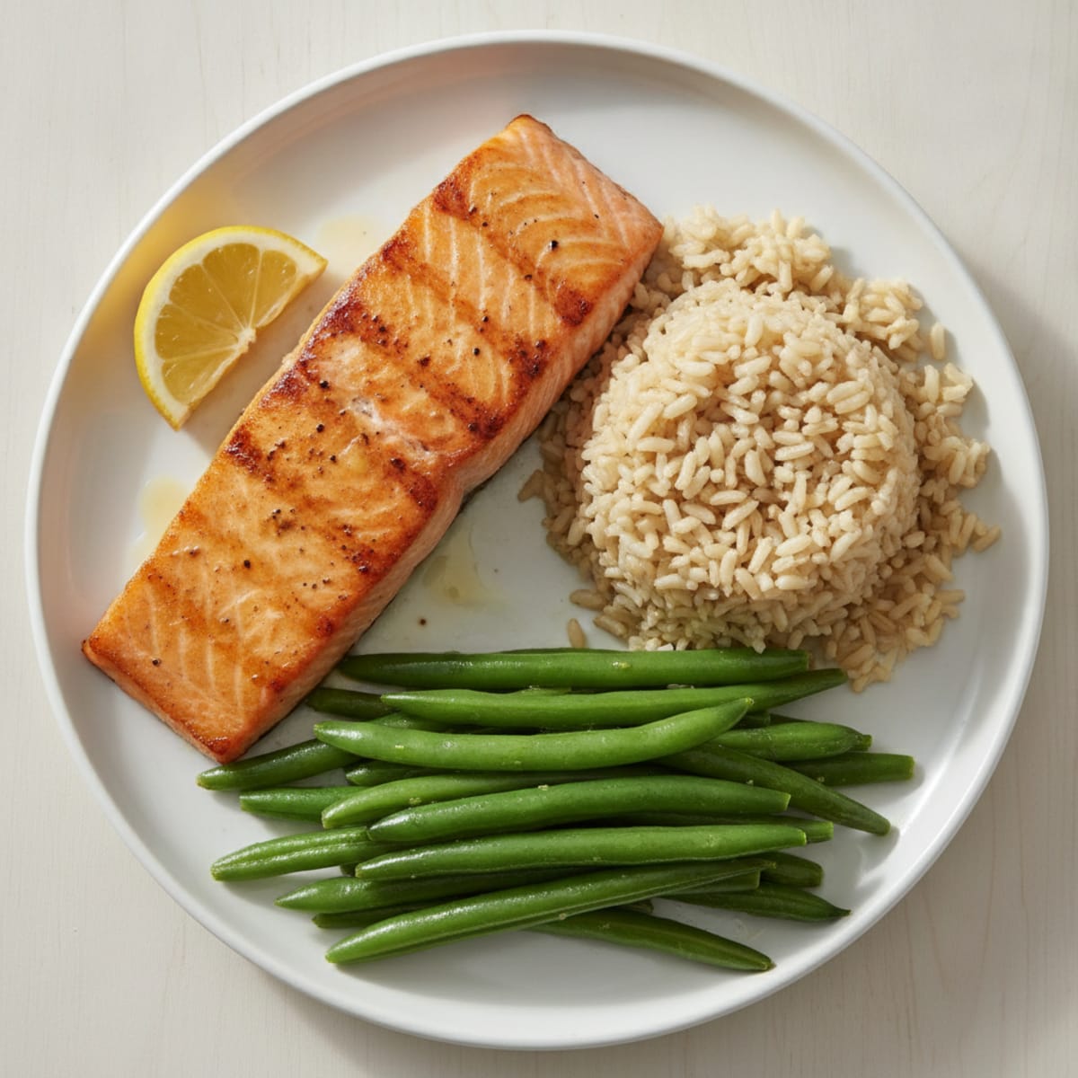 Seared Salmon with Steamed Green Beans and Brown Rice