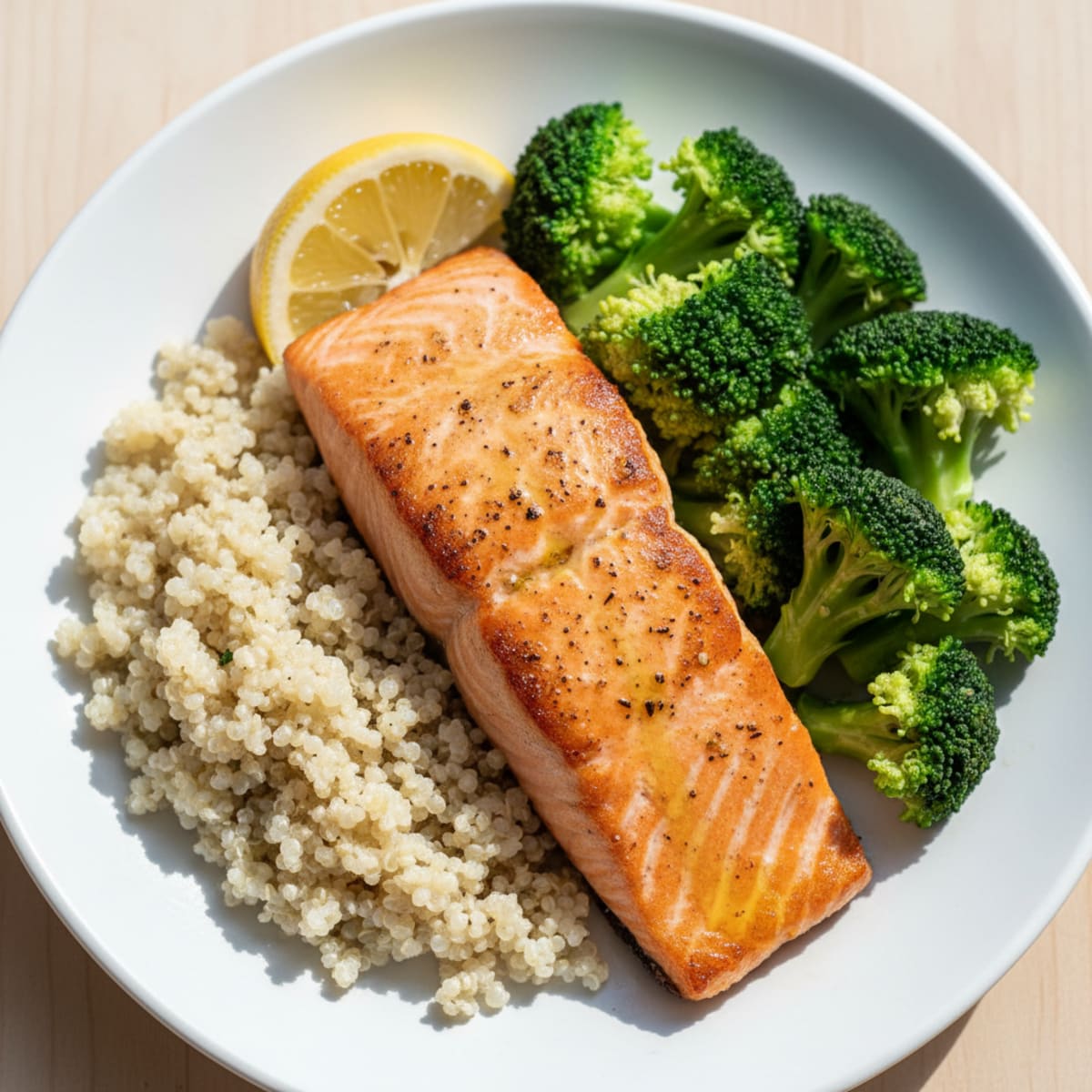 Seared Salmon with Steamed Broccoli and Quinoa