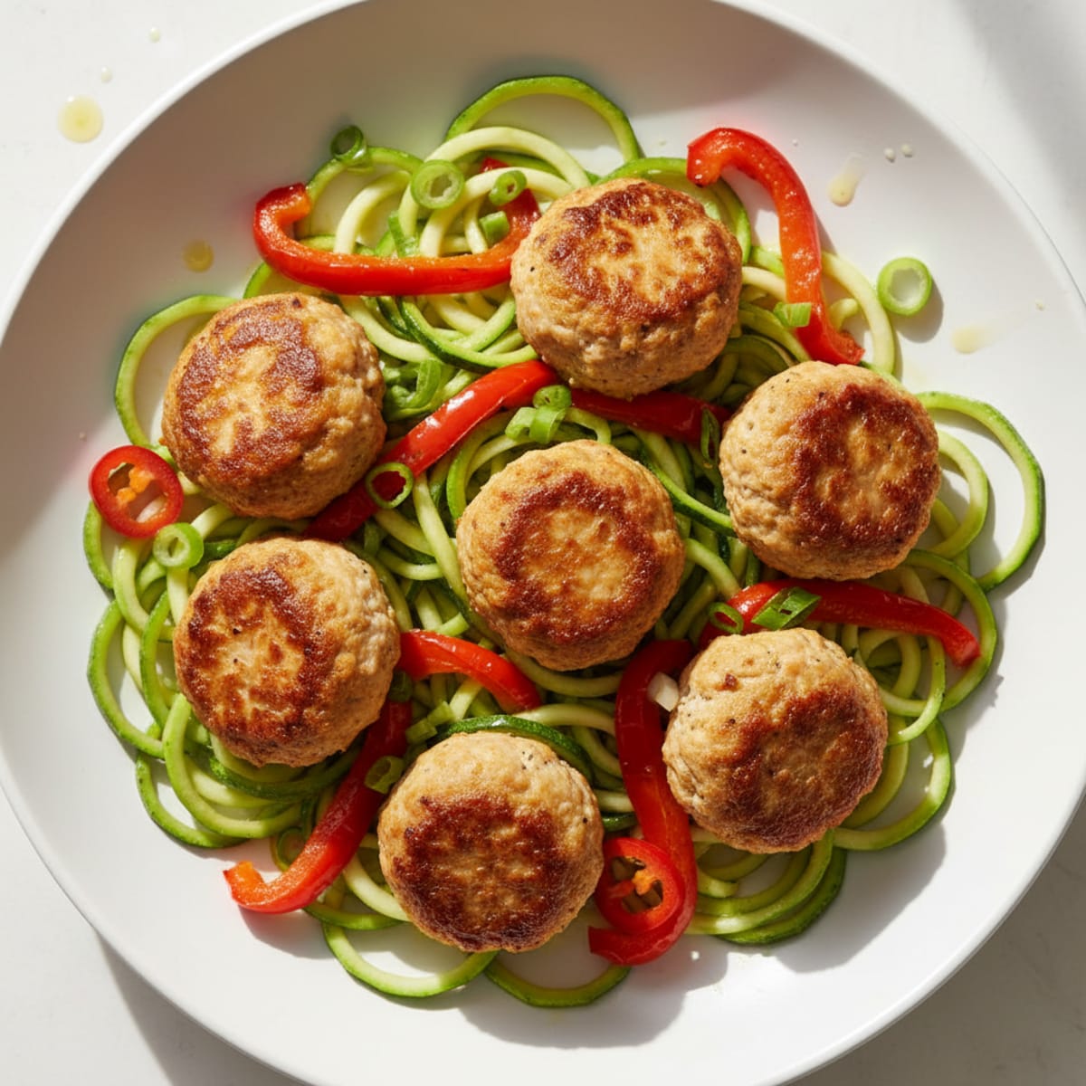 Lean Meatballs with Zucchini Noodles and Roasted Peppers