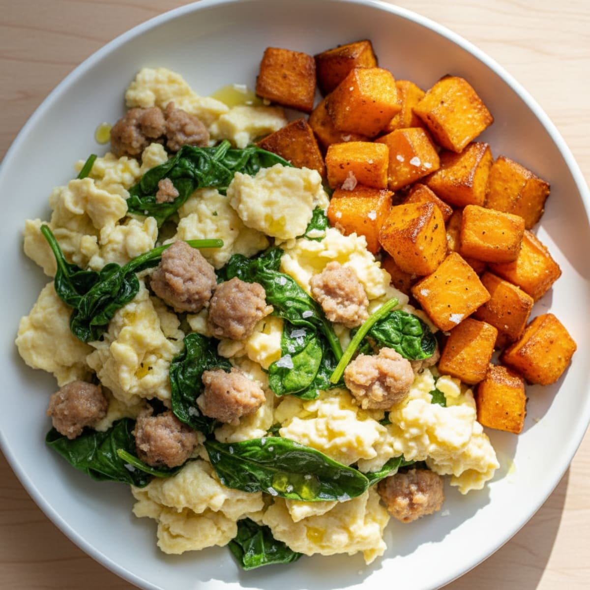 Egg White and Turkey Sausage Scramble with Spinach and Roasted Sweet Potatoes