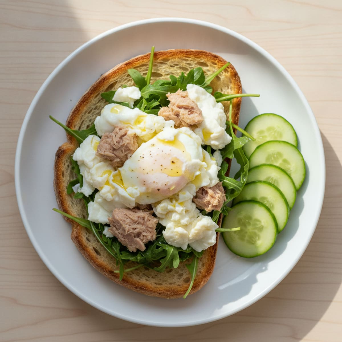 Scrambled Egg Whites with Tuna and Arugula on Sourdough Toast