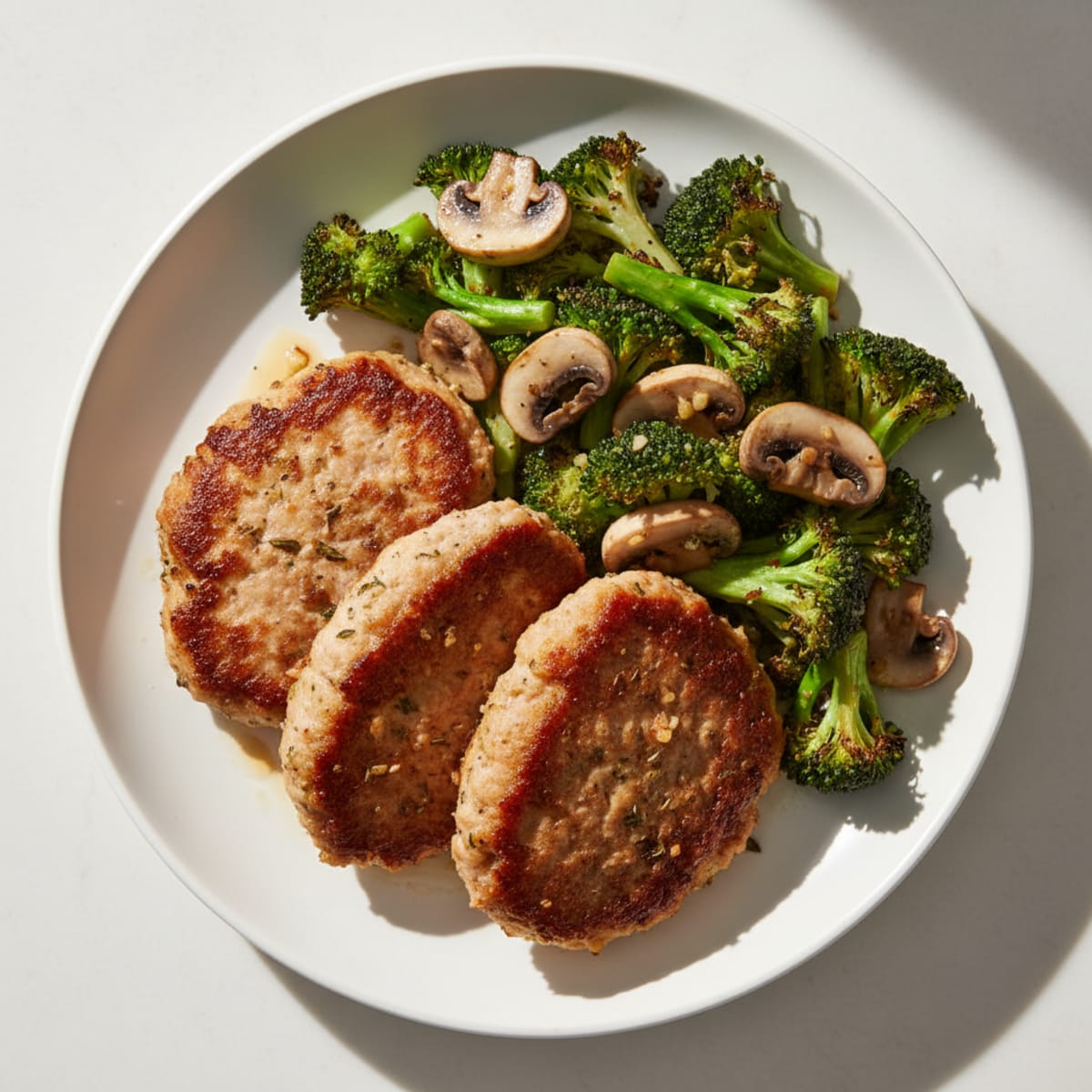 Seared Turkey Patties with Roasted Broccoli and Garlic Mushrooms