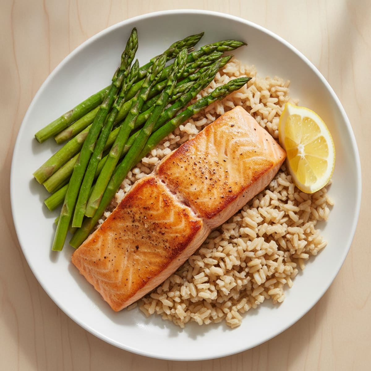 Seared Salmon Fillet with Steamed Asparagus and Brown Rice