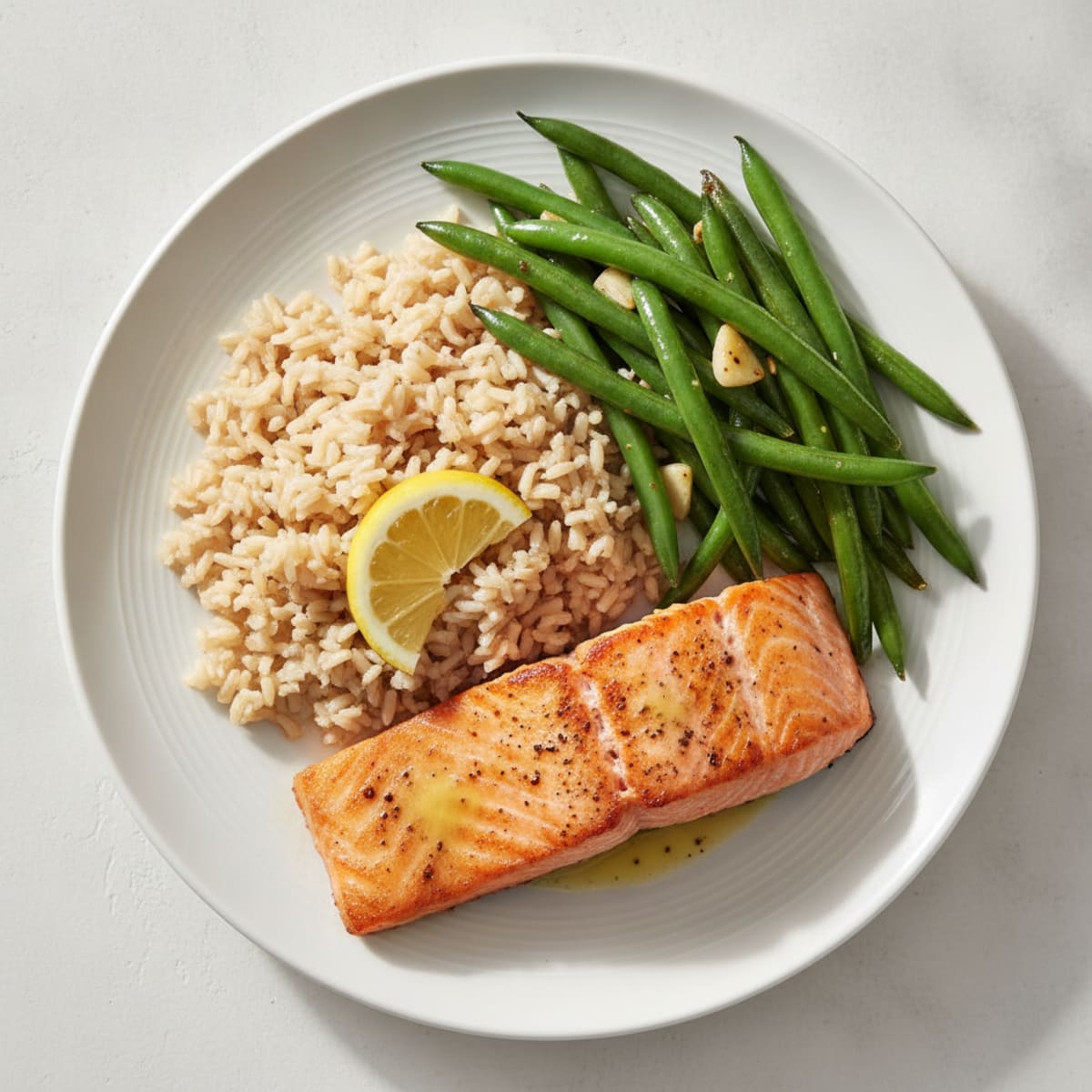 Seared Salmon with Garlic Green Beans and Brown Rice