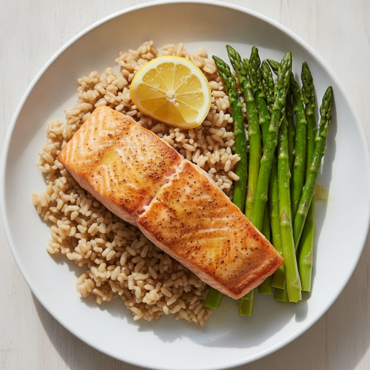 Seared Salmon with Steamed Asparagus and Brown Rice