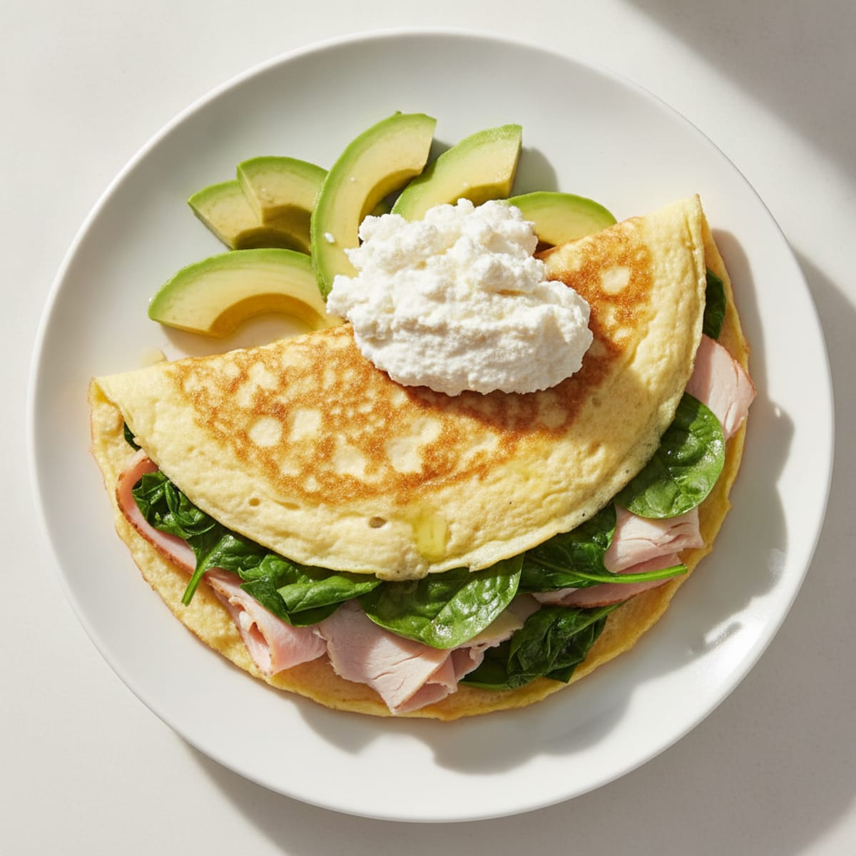 Egg White Spinach Omelet with Cottage Cheese and Sliced Turkey