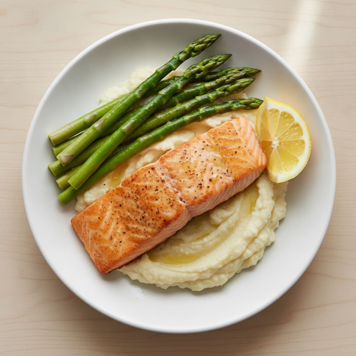 Seared Salmon with Steamed Asparagus and Cauliflower Mash