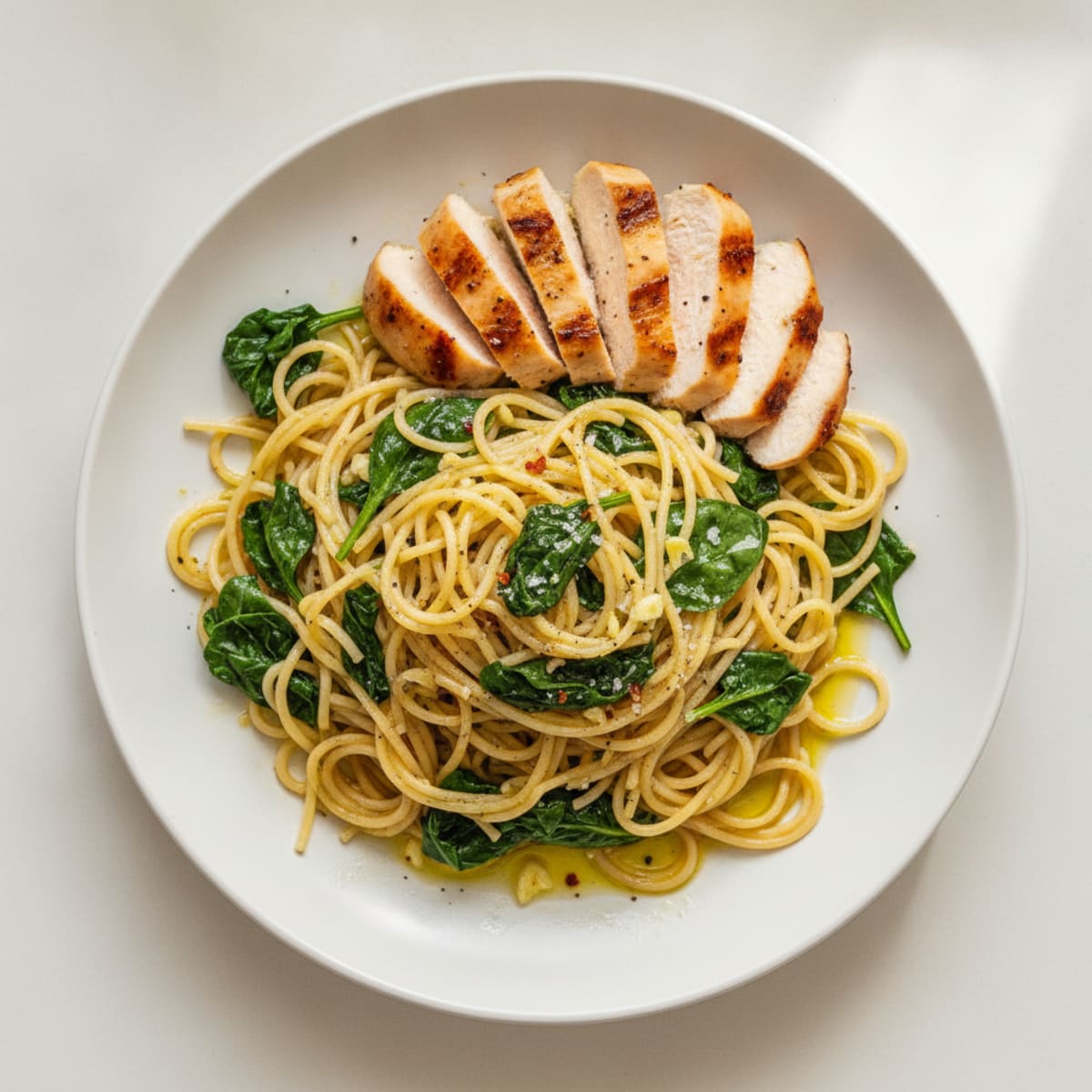 Spinach Angel Hair Pasta with Garlic Oil and Grilled Chicken
