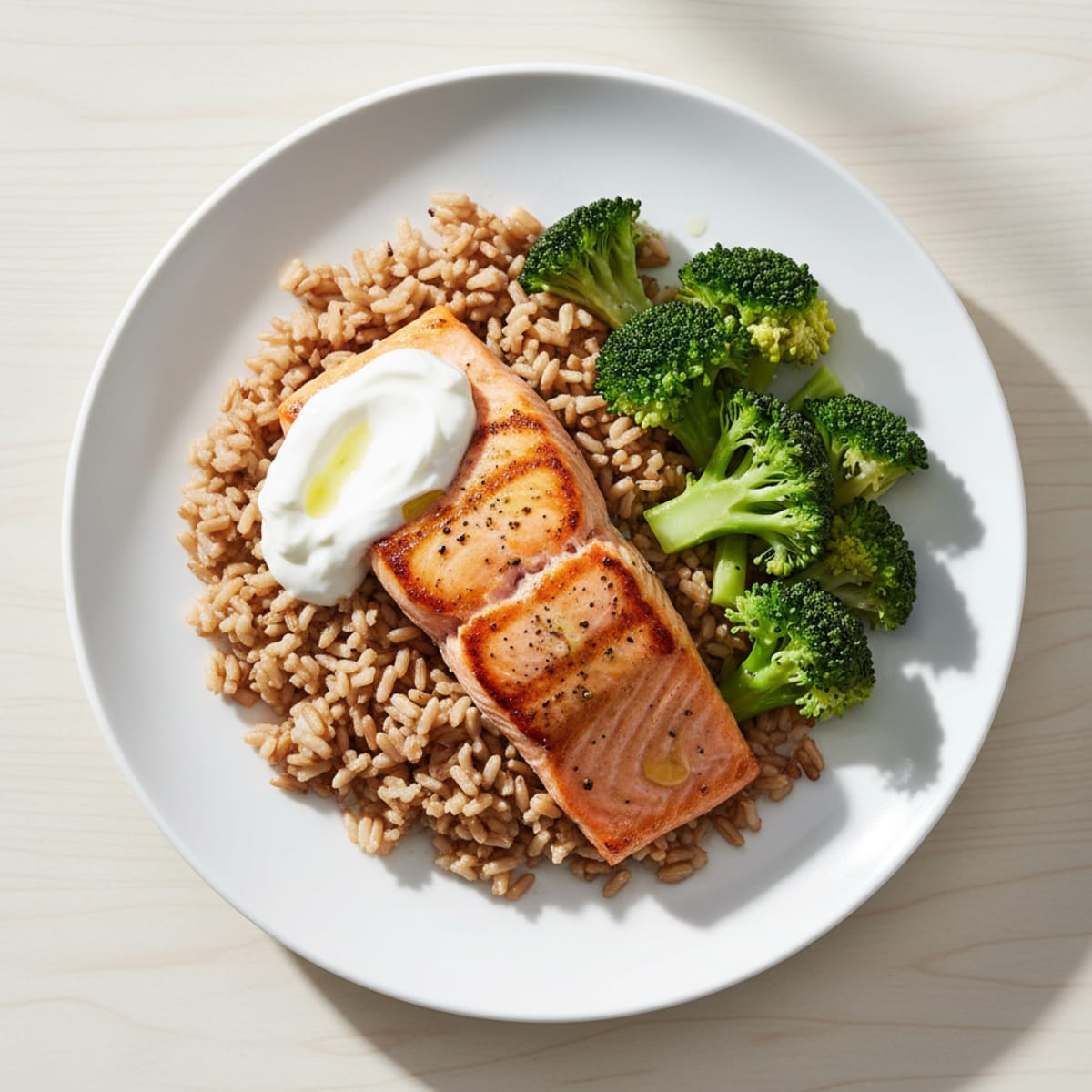 Pan-Seared Salmon with Steamed Rice and Broccoli