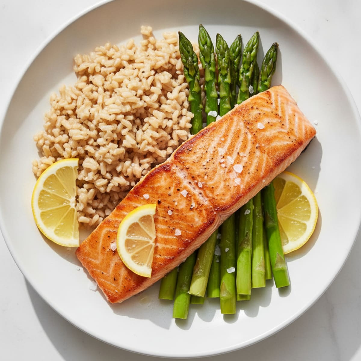 Seared Salmon Fillet with Steamed Asparagus and Brown Rice