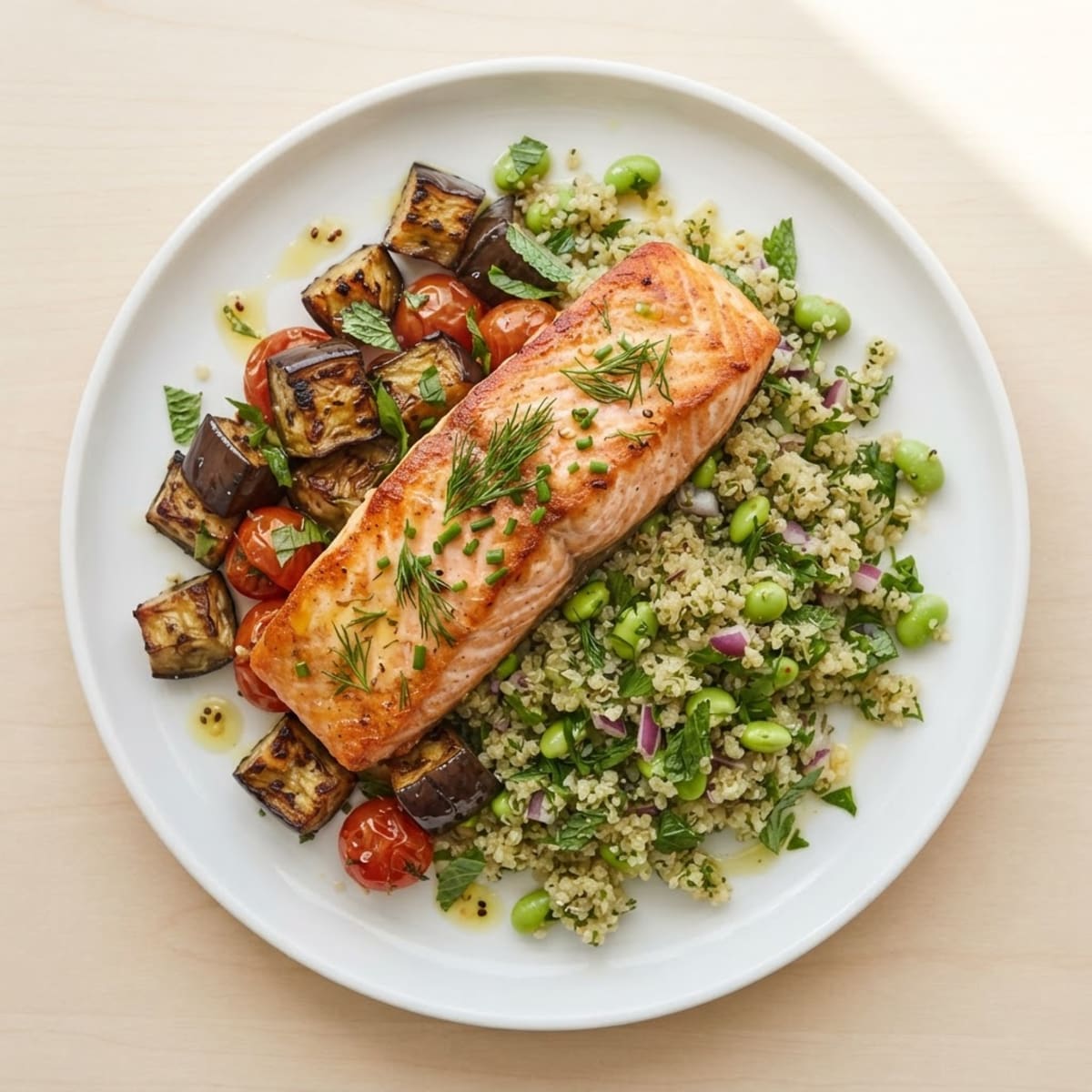 Grilled Salmon with Roasted Eggplant and Herb Quinoa