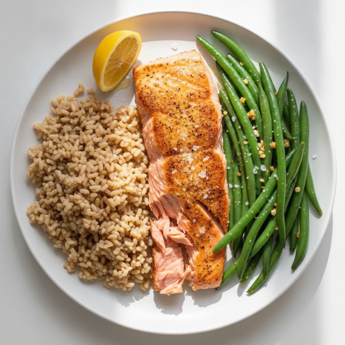 Seared Salmon with Garlic Green Beans and Brown Rice