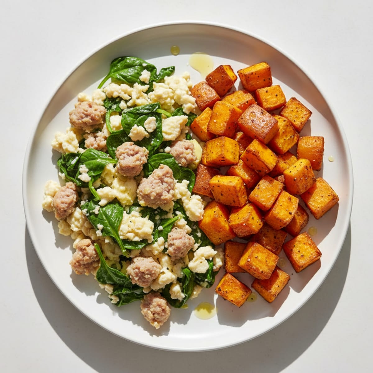 Egg White and Turkey Sausage Scramble with Spinach and Roasted Sweet Potatoes