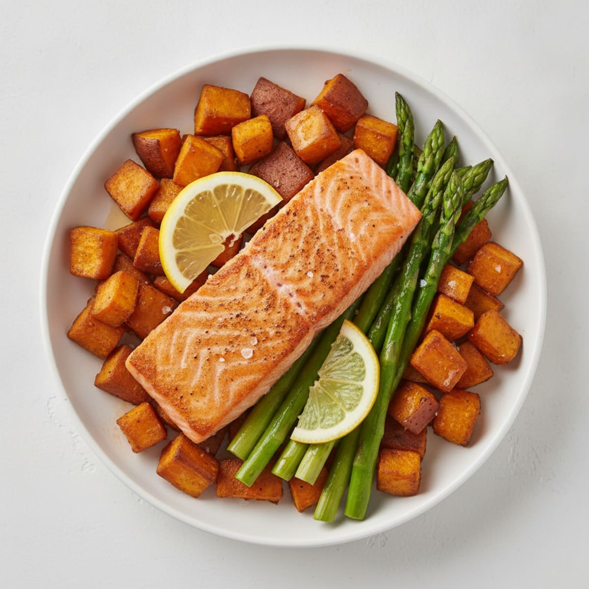 Pan-Seared Salmon with Roasted Sweet Potato and Asparagus