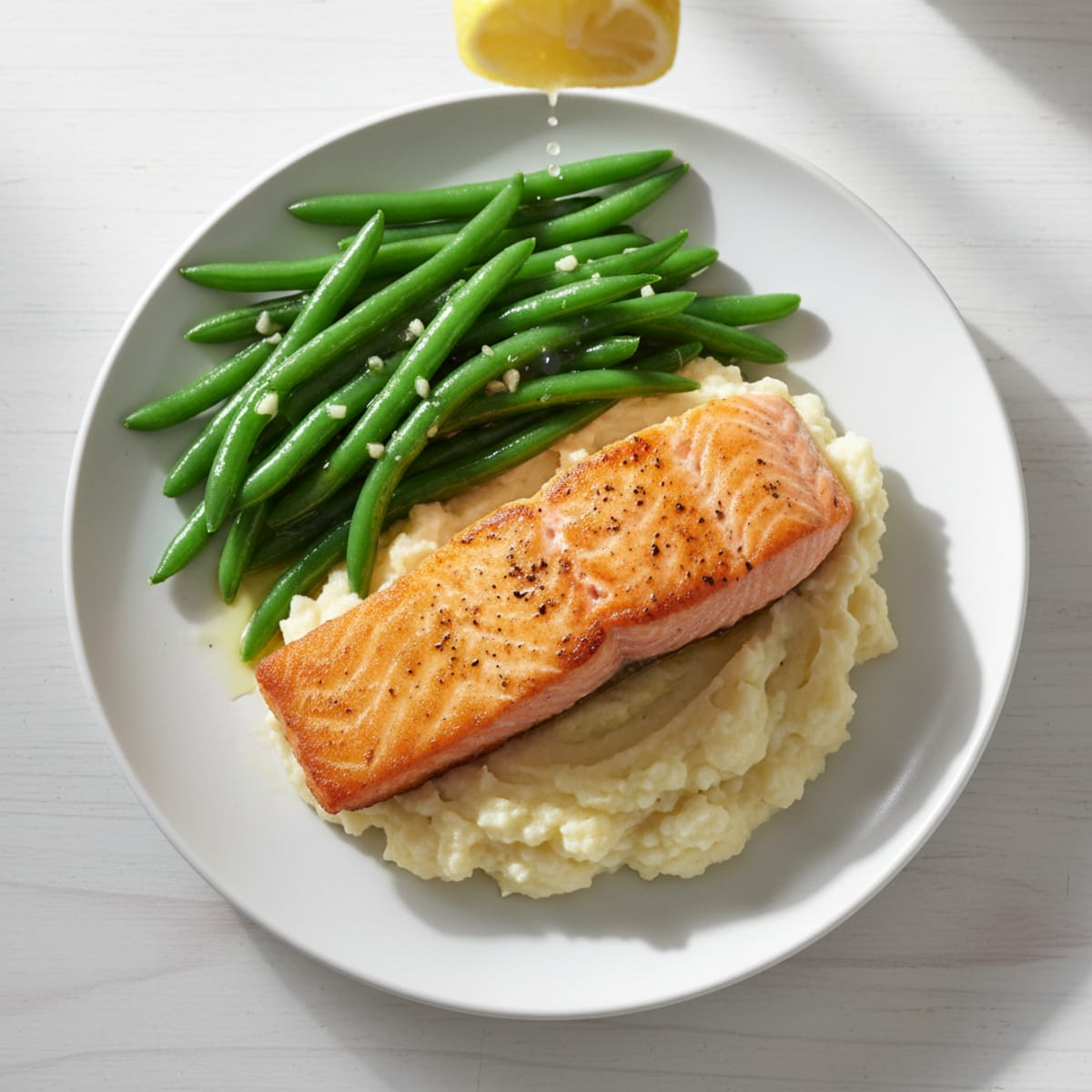 Seared Salmon with Steamed Green Beans and Garlic Mashed Cauliflower