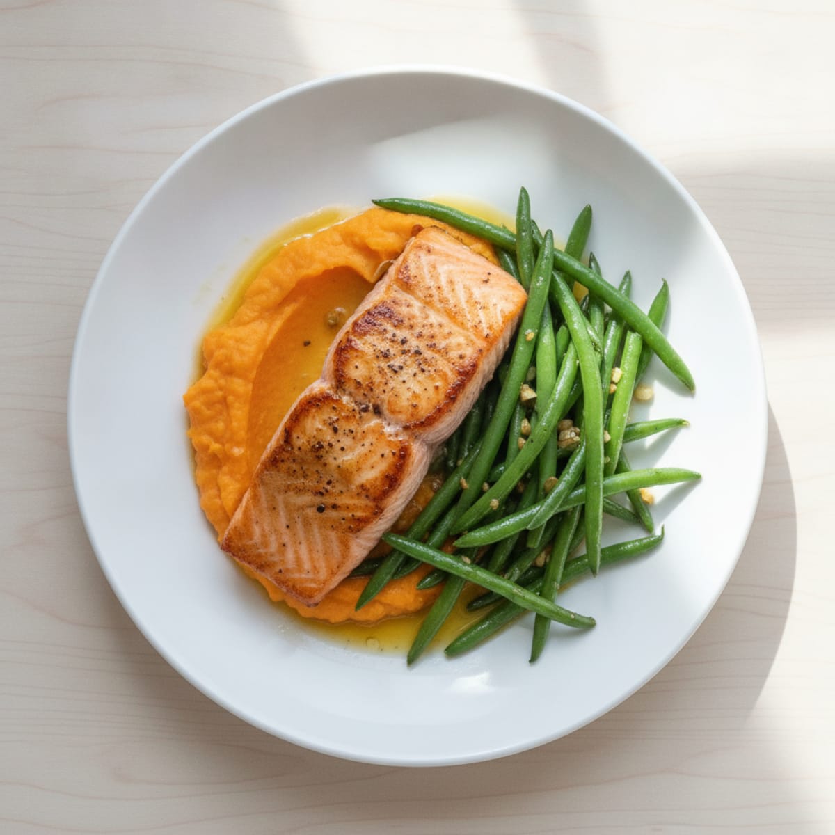 Seared Salmon with Garlic Green Beans and Sweet Potato Mash