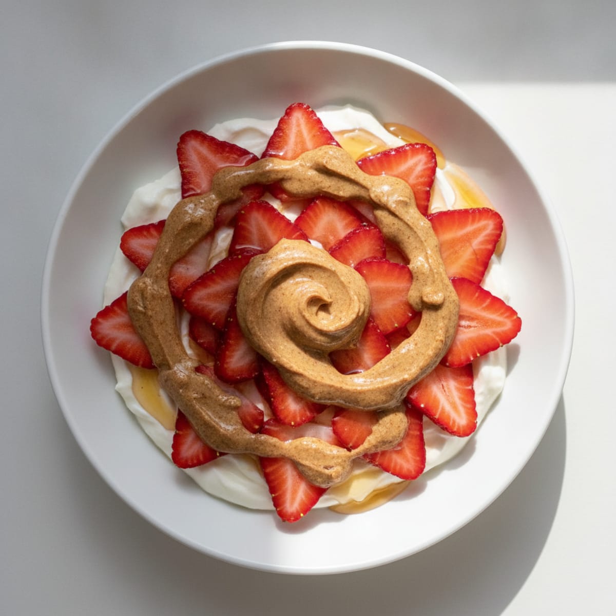 Vanilla Greek Yogurt Protein Bowl with Sliced Strawberries and Almond Butter