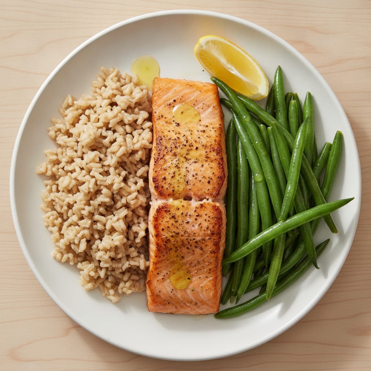 Seared Salmon Fillet with Steamed Green Beans and Brown Rice
