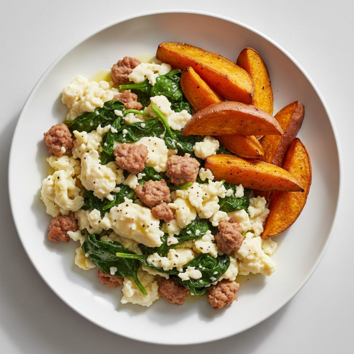 Egg White Scramble with Turkey Sausage and Sautéed Spinach