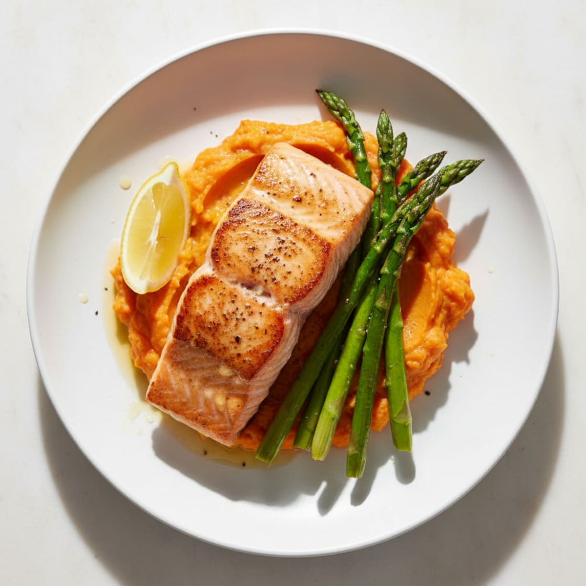 Seared Salmon Fillet with Roasted Asparagus and Sweet Potato Mash