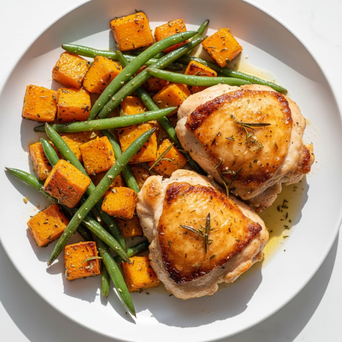 Seared Chicken Thighs with Herb-Roasted Squash and Green Beans