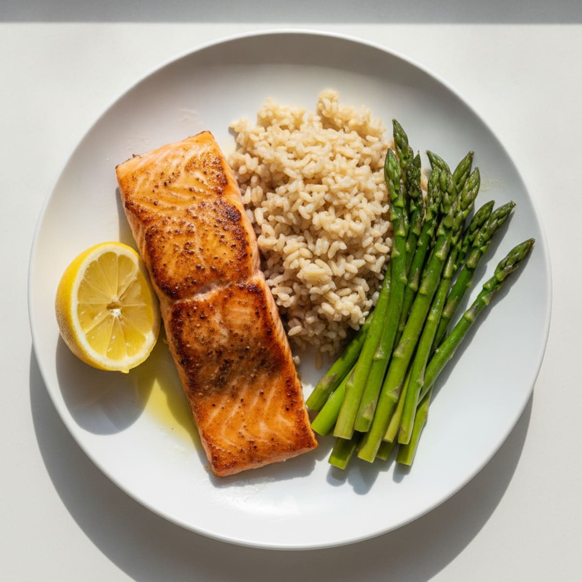 Seared Salmon Fillet with Steamed Asparagus and Brown Rice
