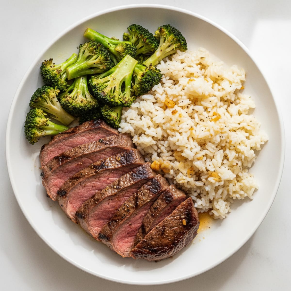Seared Steak with Garlic Rice and Steamed Broccoli