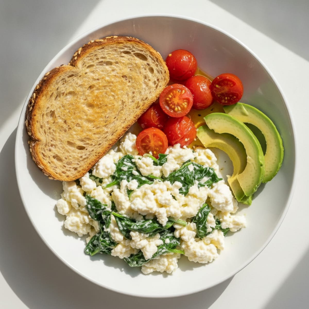 Egg White Spinach Scramble with Cottage Cheese and Cherry Tomatoes