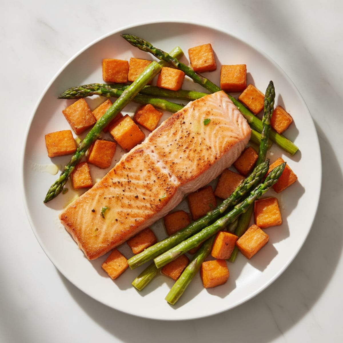 Seared Salmon with Roasted Sweet Potato and Asparagus
