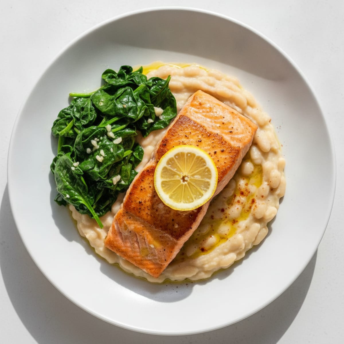 Seared Salmon Fillet with Creamy White Bean Mash and Sautéed Spinach