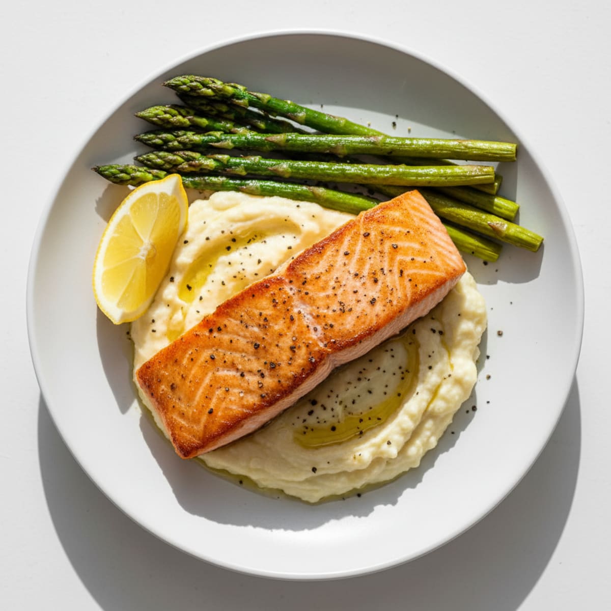 Seared Salmon with Roasted Asparagus and Cauliflower Mash